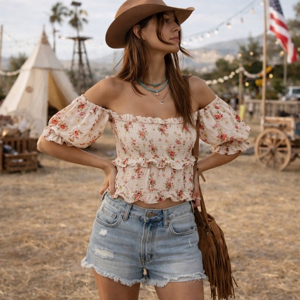 V. Chapman Festival Coachella Smocked Crop Top Dainty Floral Puff Sleeve Sz 4